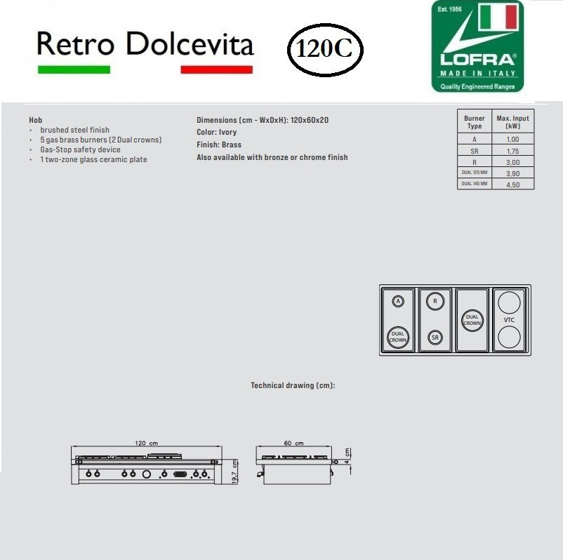Specs and Dimensions of the Lofra Dolcevita 120 Range Top TRBI126/5C Cream Gas Chef Top Range Hob 120cm