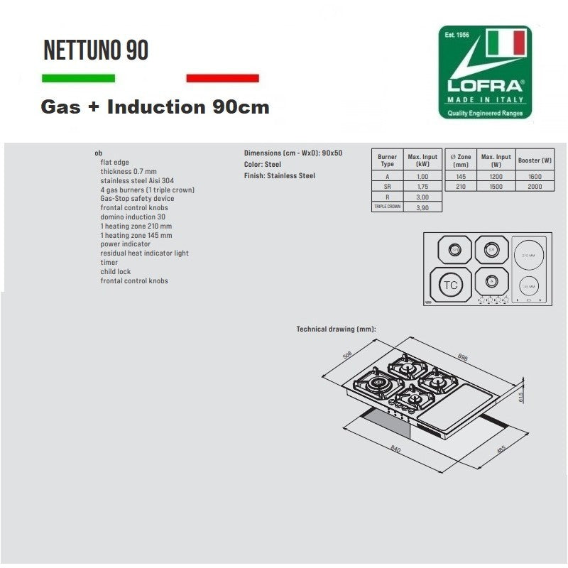 LOFRA GAIA ETNA 90cm Wide Gas Built In Oven with Gas & iNDUCTION Hob