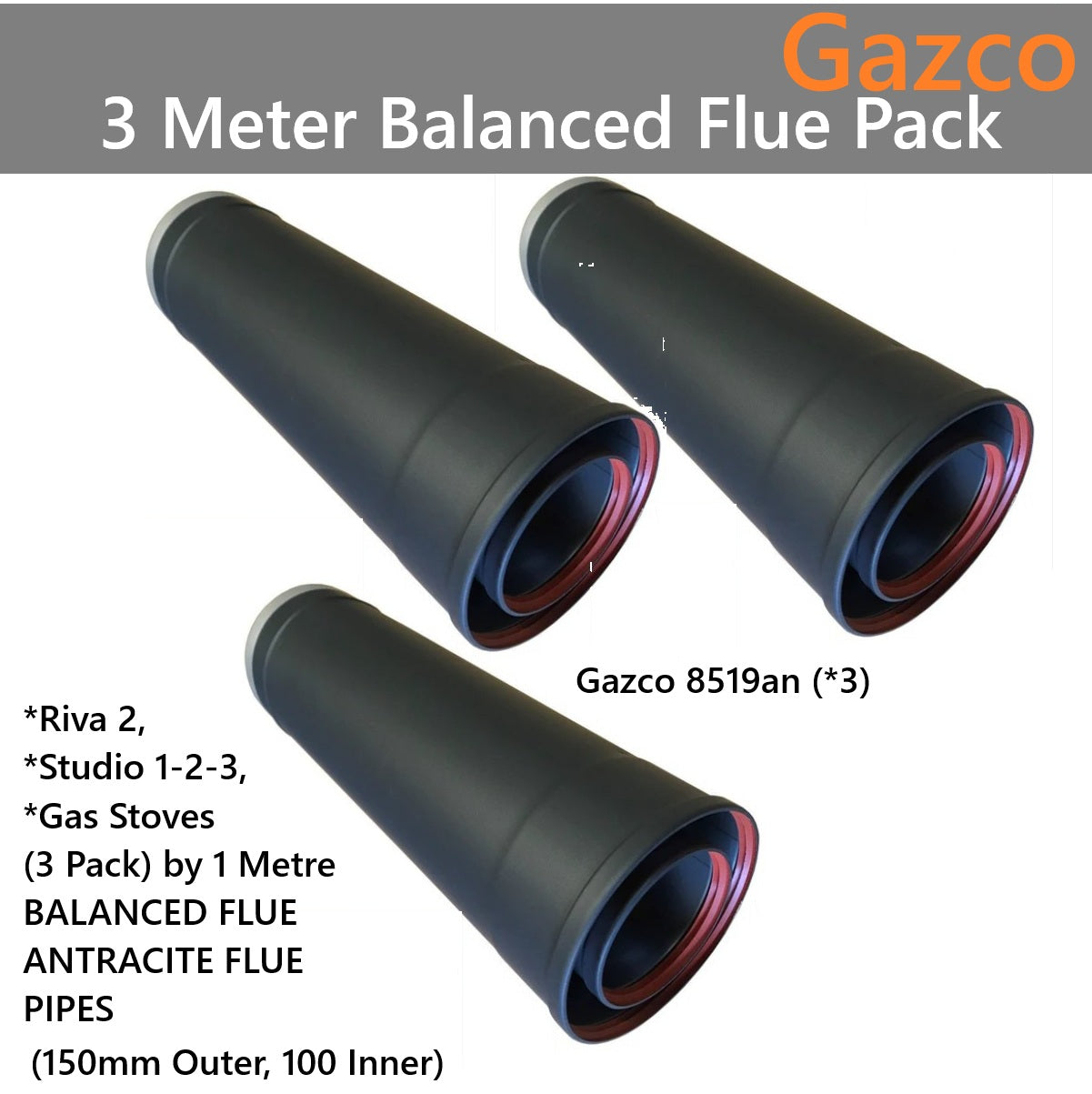 Gazco 8519an 3 Pack by 1 Meter Balanced Flue Pipe 150mm Diameter Anthracite 1000mm