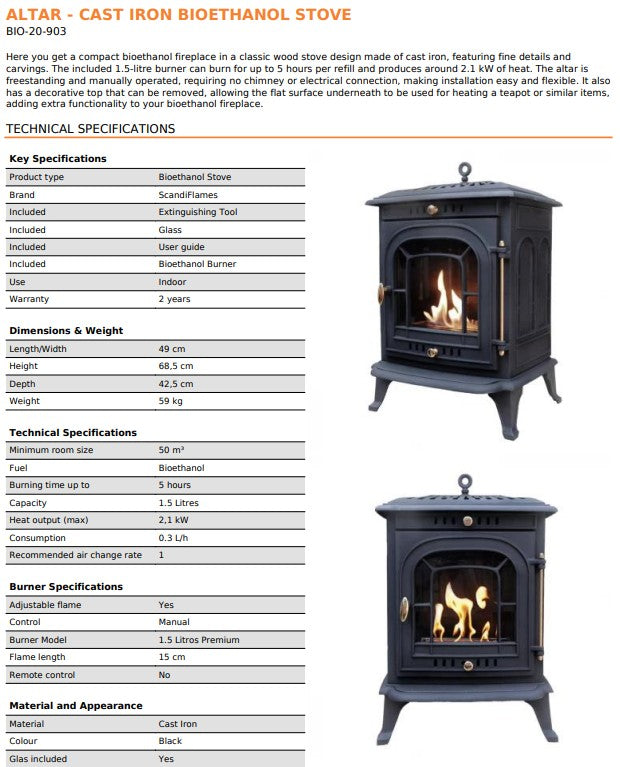 Scandi-Flame Altar Medium Cast Iron Bioethanol Single Door Stove Brass Furniture