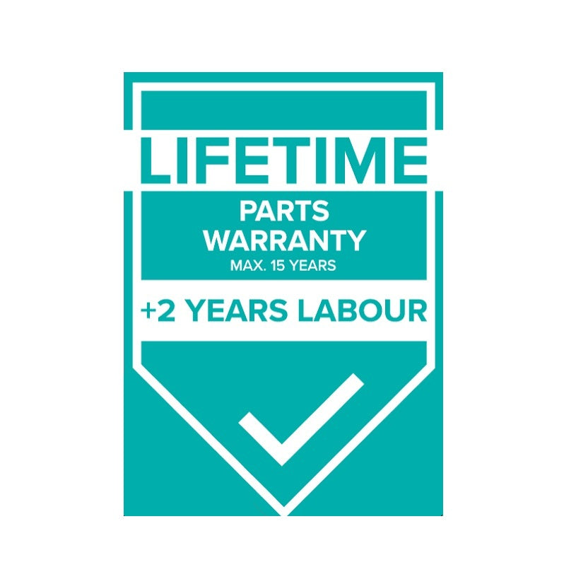 A teal and white badge-style graphic reading 'LIFETIME PARTS WARRANTY MAX. 15 YEARS +2 YEARS LABOUR' with a check mark, centered on a black background.