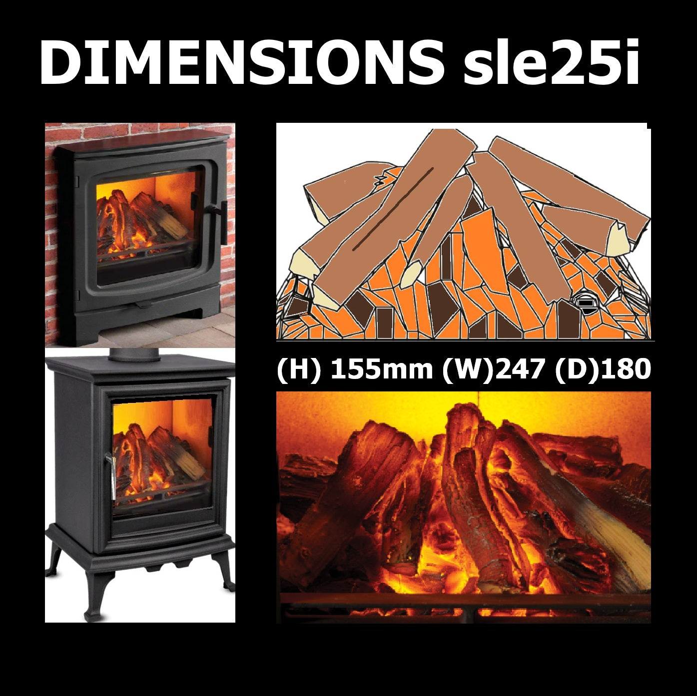 Electric Flame Efffect Fire For Freestanding Solid Fuel Stove Chamber SLE-TGC25i Dimensions