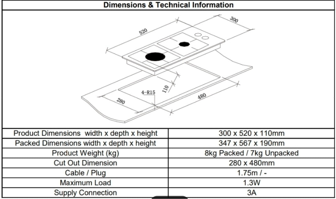 Gas 2 Burner Two Ring Dominiq Black Glass Gas Hob, (NEXT DAY SHIPPING) Dimensions