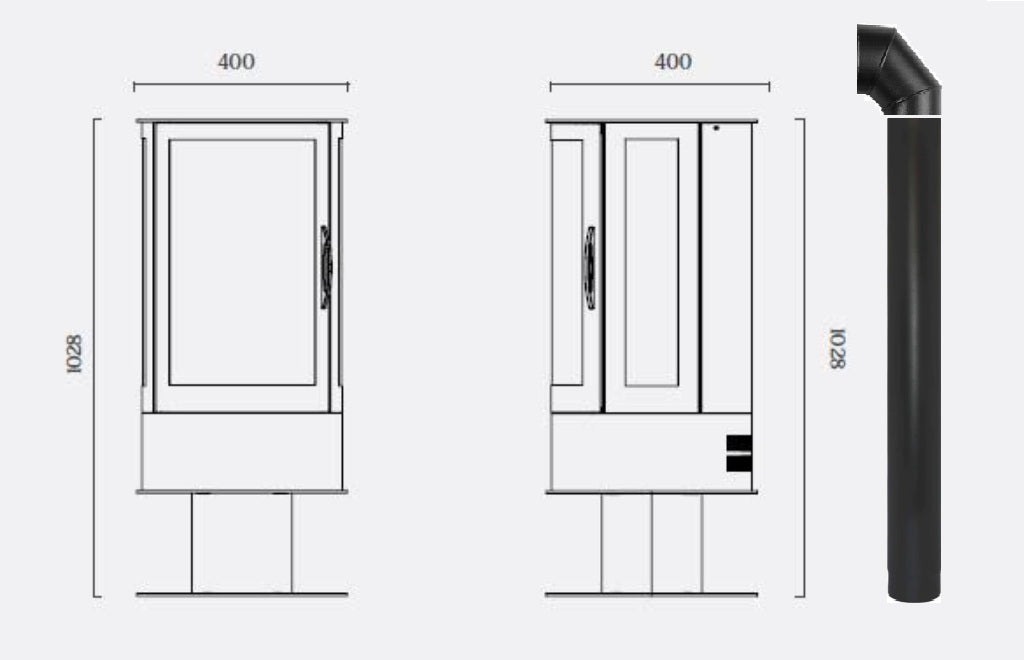 Technical drawing of a freestanding Cylindrical Electric Stove, decorative flue pipe and elbow with dimensions labeled