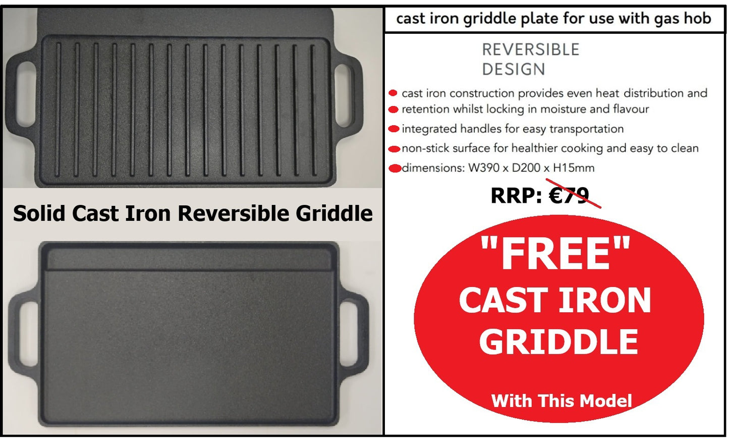 Classic Deluxe CLA60GA-DLX Black Gas Double Oven 60cm Cooker with Cast Iron Cooker Grids