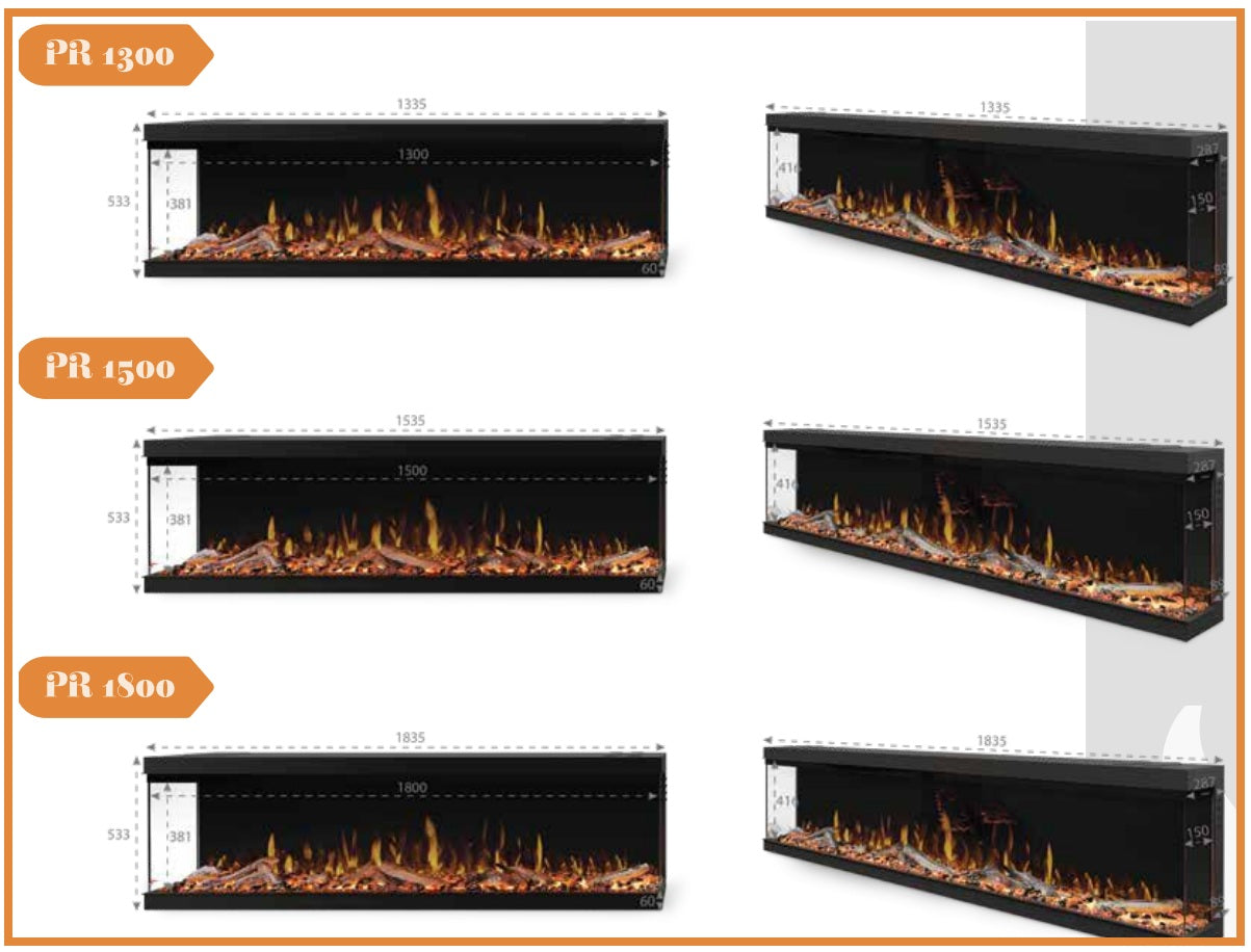 Electric Flamora Electric fire drawings of different sizes labeled PR 1300, PR 1500, and PR 1800 on a white background.