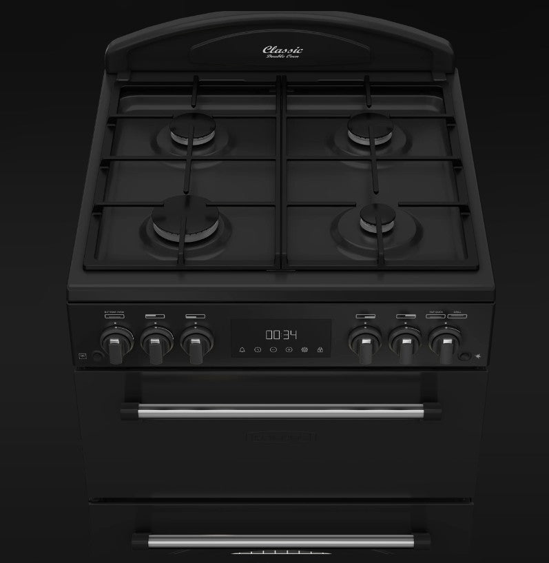Classic Deluxe CLA60GA-DLX 60cm Gas Double Oven Cooker with Cast Iron Griddle- by Leisure Hotplate in black, cast pan supports