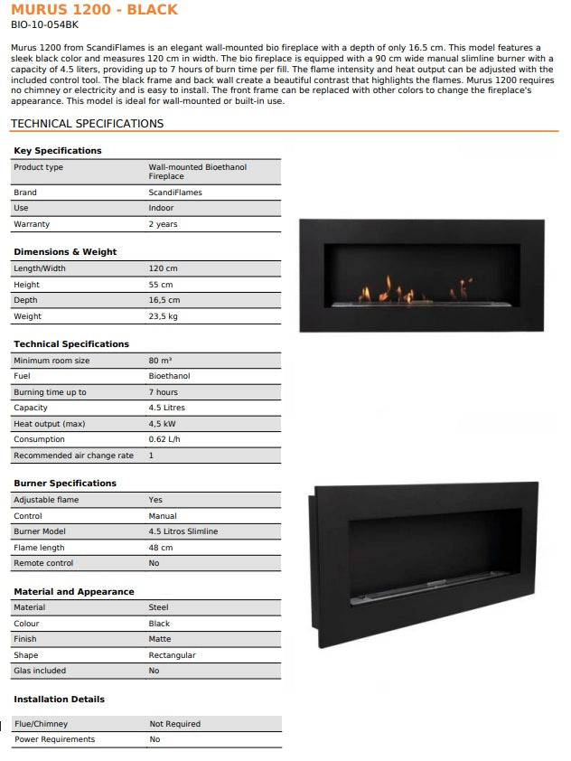 ScandiFlames Murus 1200 Bioethanol Wall Mounted Fireplace 200mm x 400mm x 160mm Test card