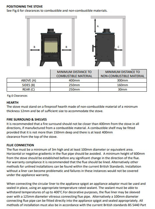 Technical guidelines for positioning a stove with clearances to combustible and non-combustible materials.