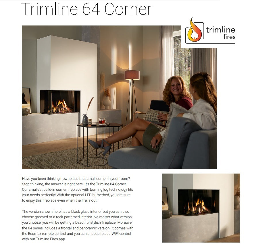 Trimline TL64-2L Left Hand Corner Gas Fire Balanced Flue with Burning Logs & Black Glass Liners.