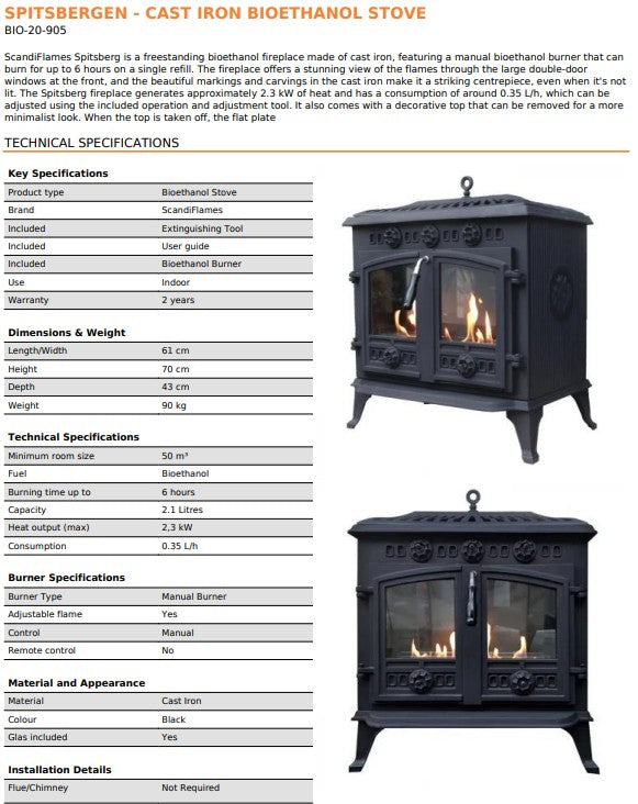 Scandi-Flame Spitsbergen Bioethanol Large Cast Iron Stove with Double Doors