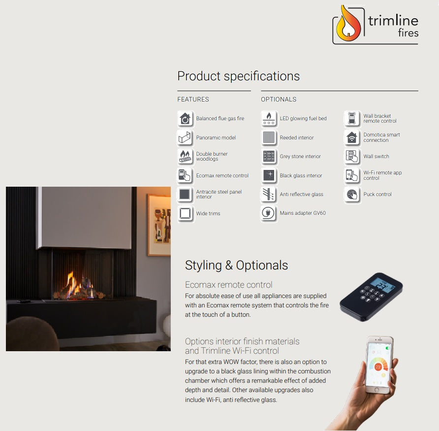 Trimline TL64-3 Panoramic 3 Sided Gas Fire Balanced Flue, Burning Logs & Black Glass Liners.