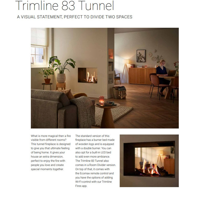 Trimline TL83-2T 2 Sided Tunnel Gas Fire Balanced Flue ,Burning Logs ,Black Glass Liners.