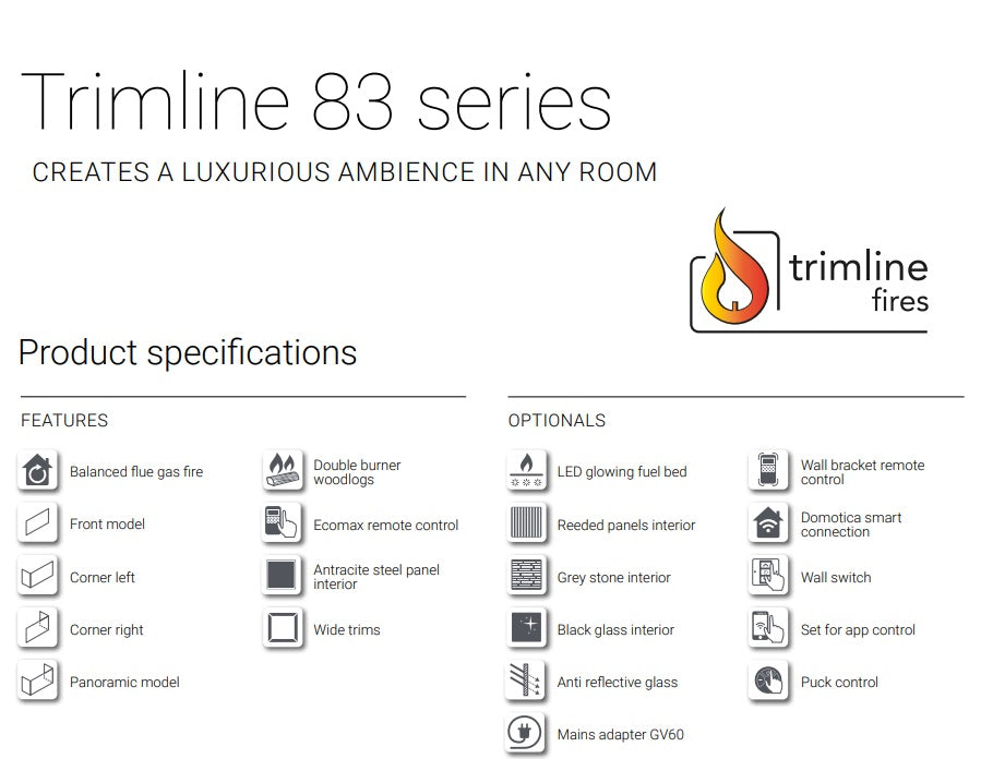 Trimline TL83-2L Left Hand Corner Gas Fire Balanced Flue ,Burning Logs ,Black Glass Liners.