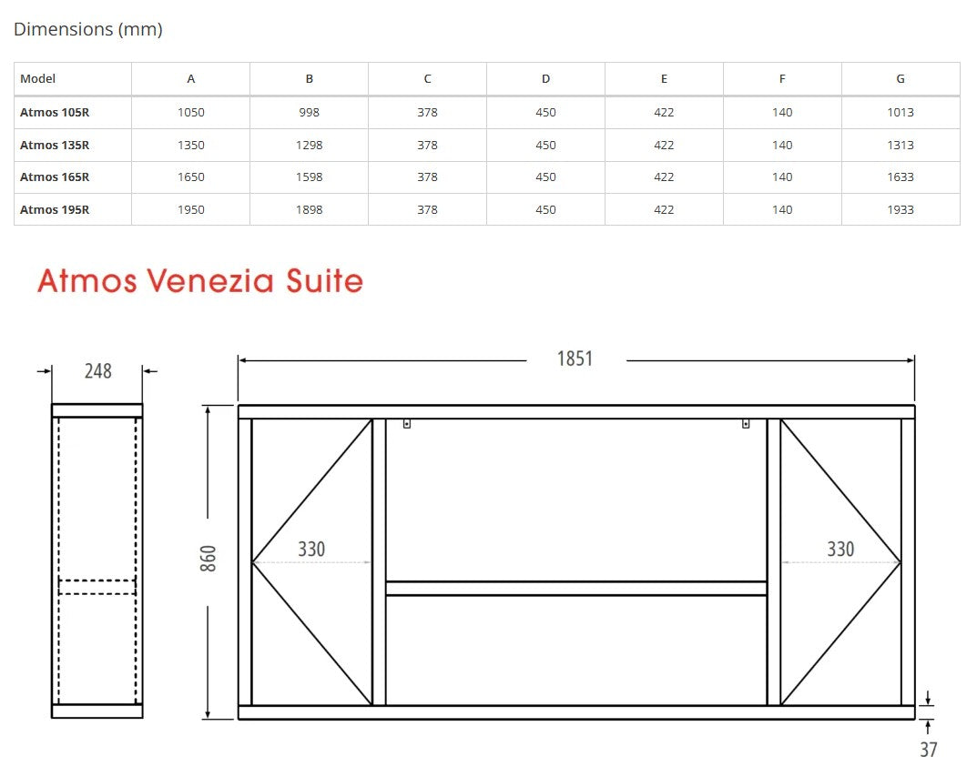 FireFX Venezia Oak Effect Media Cabinet Suite Atmos 105 Electric Fireplace Crafted by STOVAX - Dimensions