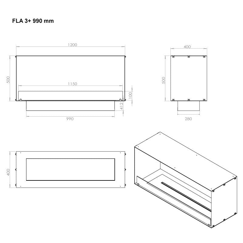 ScandiFlame Incerto 1200-1 Manual Hole In The Wall Bioethanol Insert Fire 1200mm wide