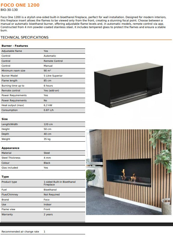 ScandiFlame Incerto 1200-1 Manual Hole In The Wall Bioethanol Insert Fire 1200mm wide