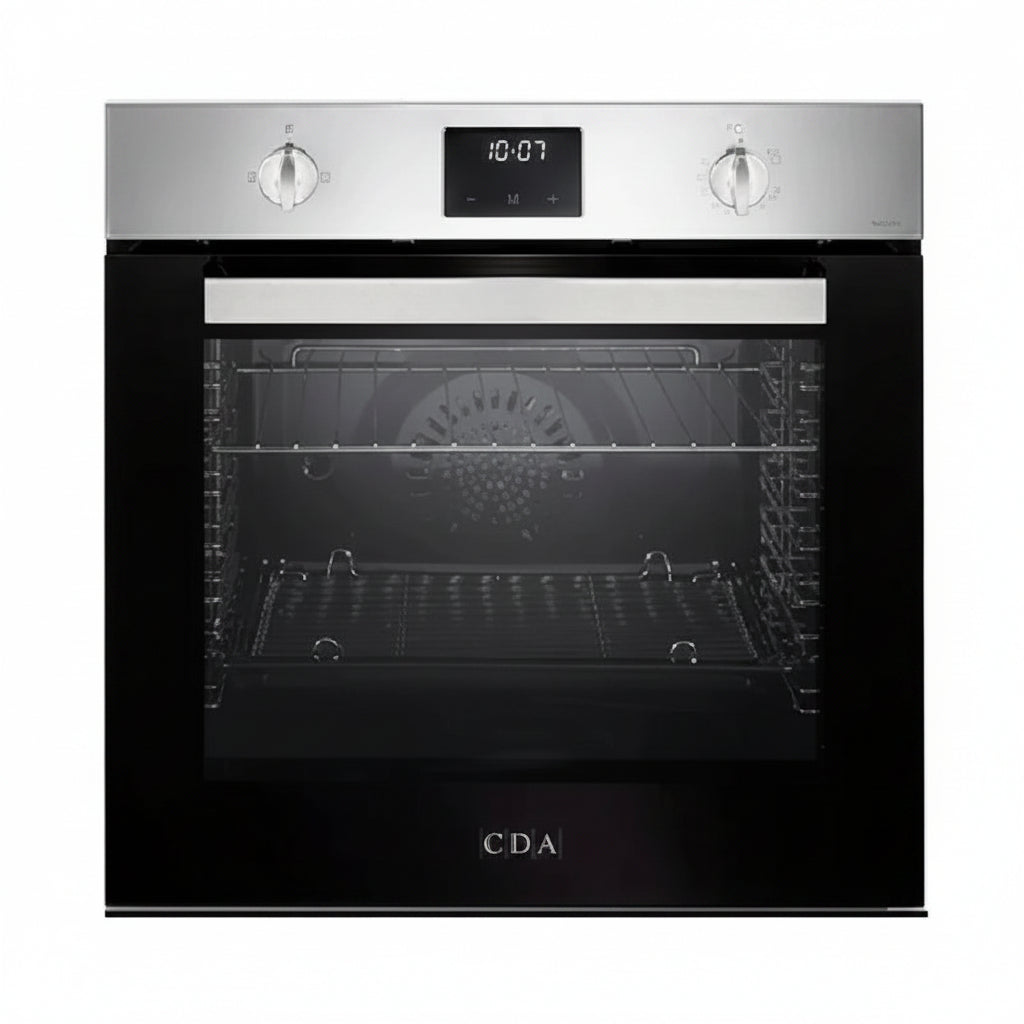 A built-in wall oven with a stainless steel control panel, two rotary dials, a digital display showing 10:07, and a large black glass door. The oven interior has two wire racks, and the brand name 'CDA' is visible at the bottom of the door.
