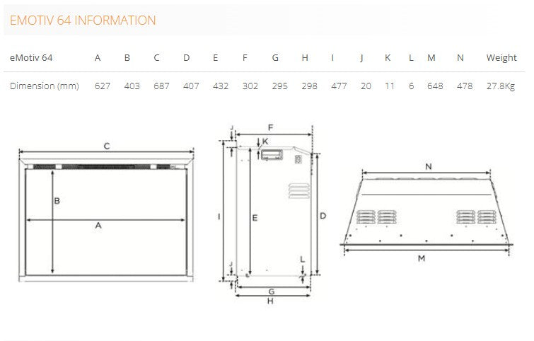 eMotiv 64 Electric Fire – A Luxurious Touch to Your Home - Dimensions
