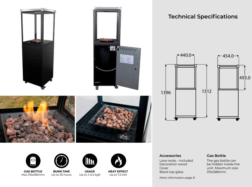 Muztagas Gas Real Flame Patio Fire Heater with Glass Encolsed,Weather Cover & Tilt Sensor