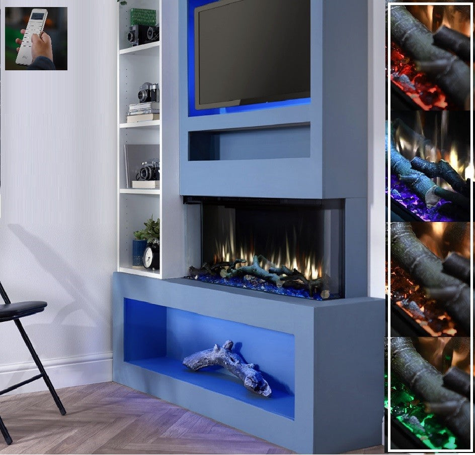 C&J iRange i2000e Slimline Multi-Sided Electric Fire with REAL CHOPPED WOOD LOGS