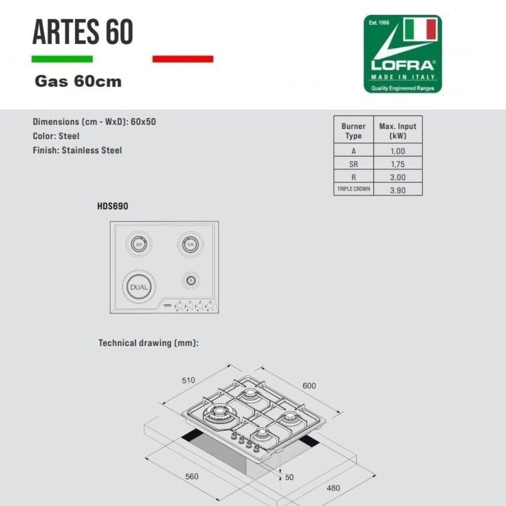 Lofra Artes HDS690 4 Burner Gas Hob Stainless Steel 60cm