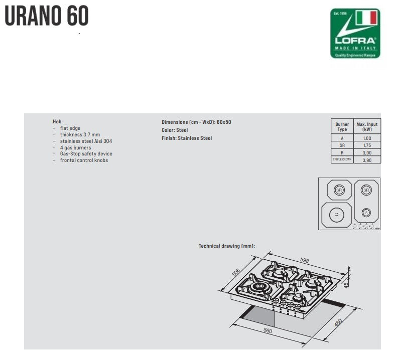 Lofra Urano HLS6M0 4 Burner Stainless Steel Low Profile Gas Hob 60cm