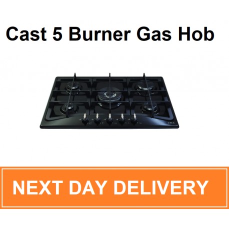 TGCCDA HG7350 Five Burner Designer Gas Hob with Cast Iron Pan Supports and Wok Burner in Gloss Black