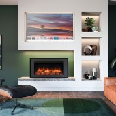 Gazco Liberty 85 eReflex Freestanding Stove Electric Fireplace - Fitted within a media wall setting with TV above 