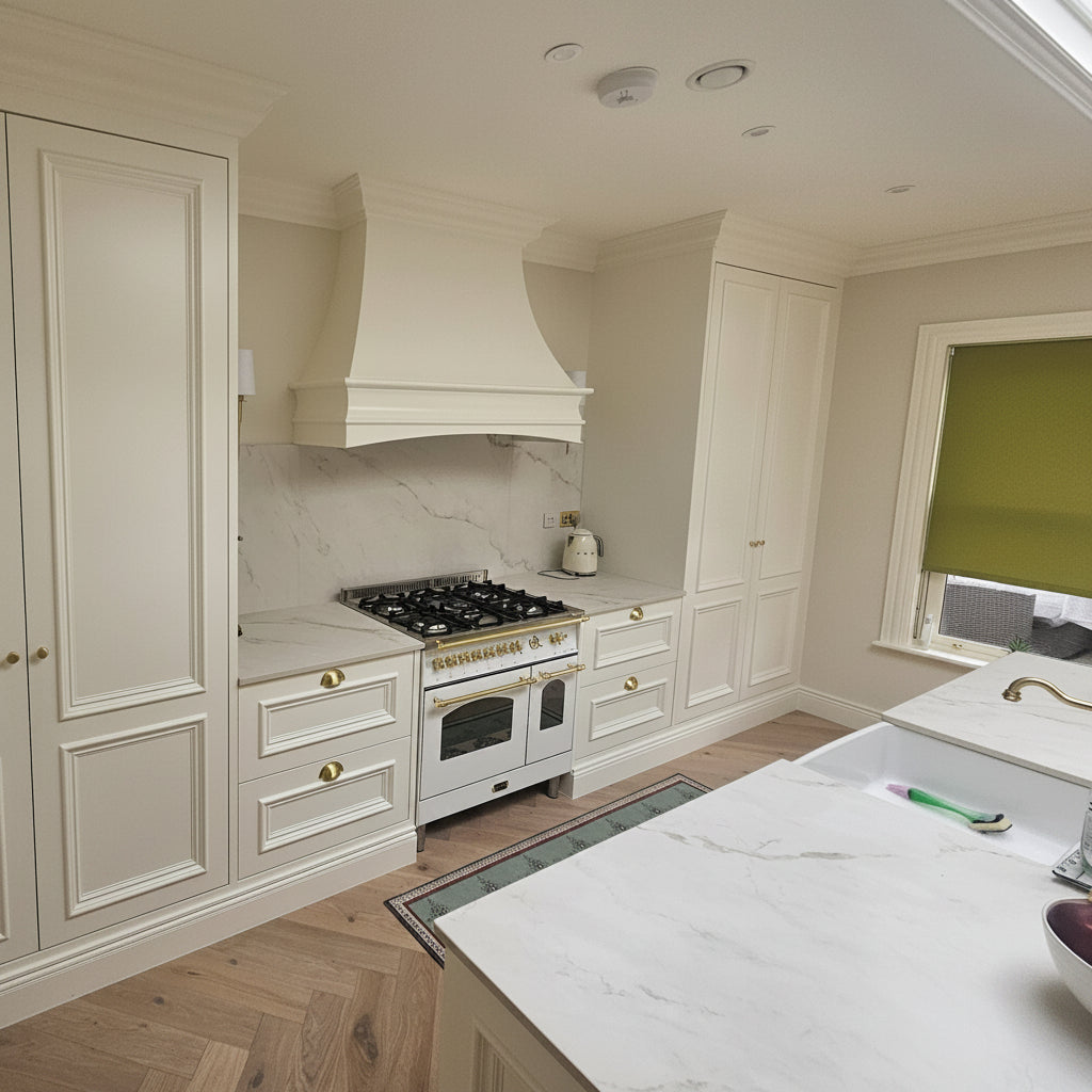 A classic cream-colored kitchen cabinet set with a matching range hood and gas stove, paired with white marble countertops and light wood herringbone flooring with White Lofra Dolcevita white and brass range