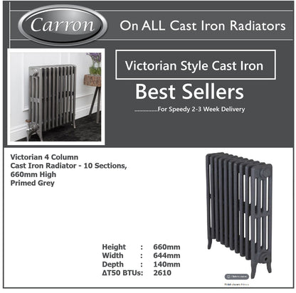 Victorian Cast Iron Radiator–4 Column 19 Section,660 High by W770 by D140mm,(Primed Grey)