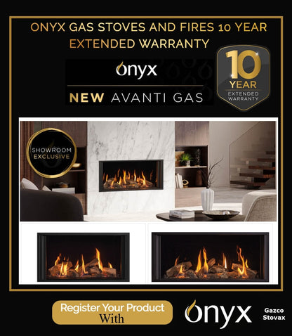 Promotional graphic for Onyx gas stoves and fires by Gazco Stovax offering a 10-year extended warranty. The design features a black background with gold text and borders, alongside three product images of different Avanti Gas fireplace models showing various flame effects. 