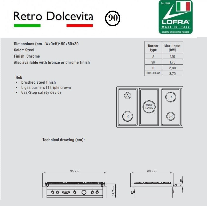 Lofra Dolcevita 90 Range Top TRS96/5i Induction 5 Zone Chef Top Stainless Hob 90cm
