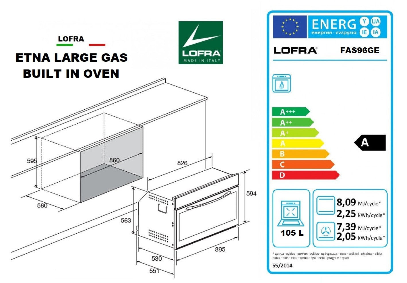 Lofra Etna 90 FAS 96GE Large Built In Stainless Steel Single Gas Oven 90cm wide.