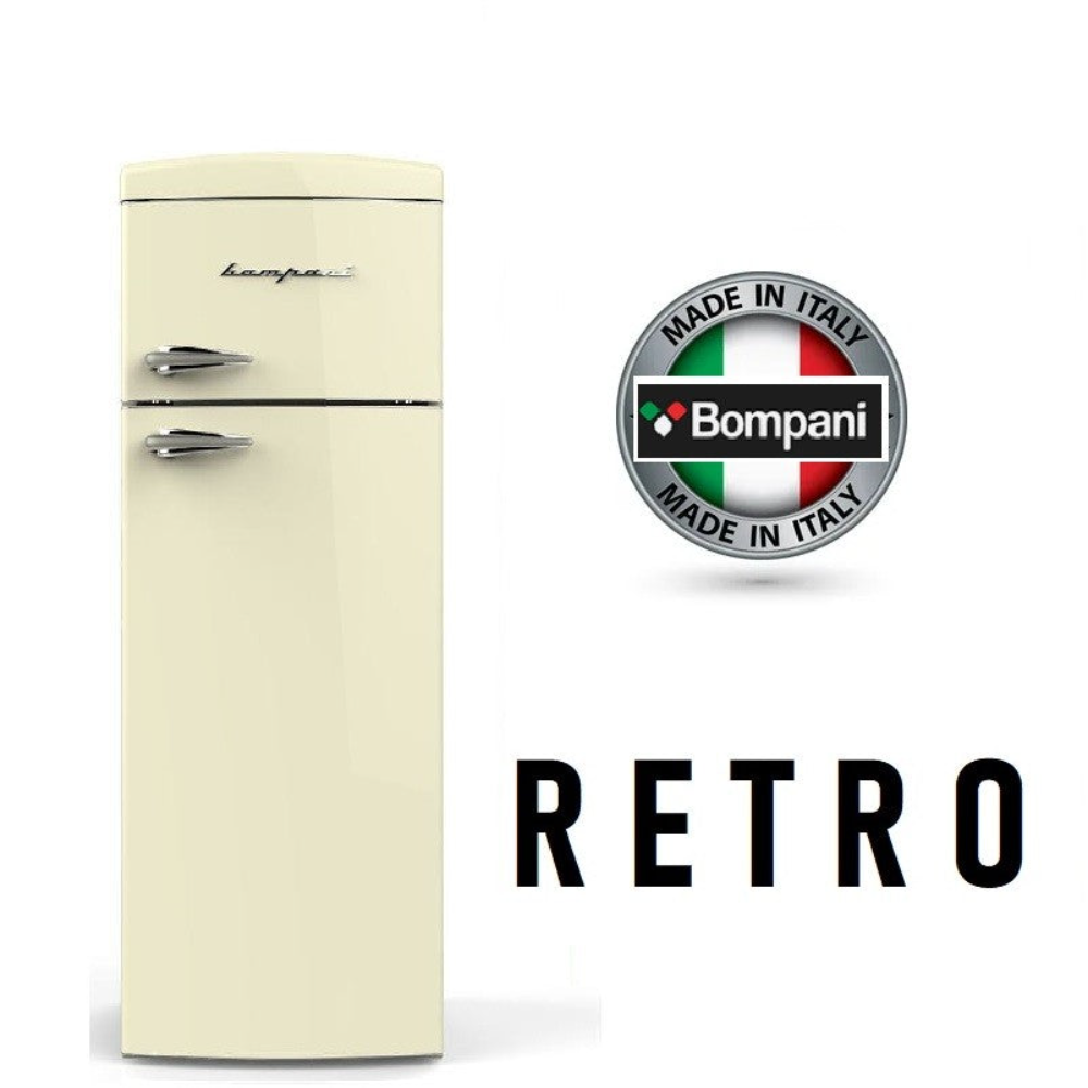 Bompani Italian Cream Retro Fridge with Short Small Top Freezer Cream. 60x171x64.5 cm.