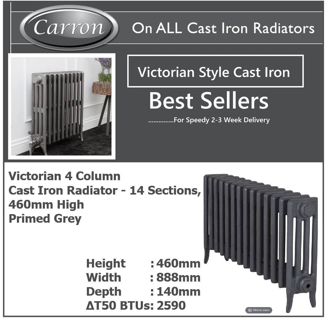 Victorian Cast Iron Radiator–4 Column 14 Section,460 High by W1078 by D140mm, (Primed Grey)