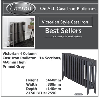 Victorian Cast Iron Radiator–4 Column 14 Section,460 High by W1078 by D140mm, (Primed Grey)