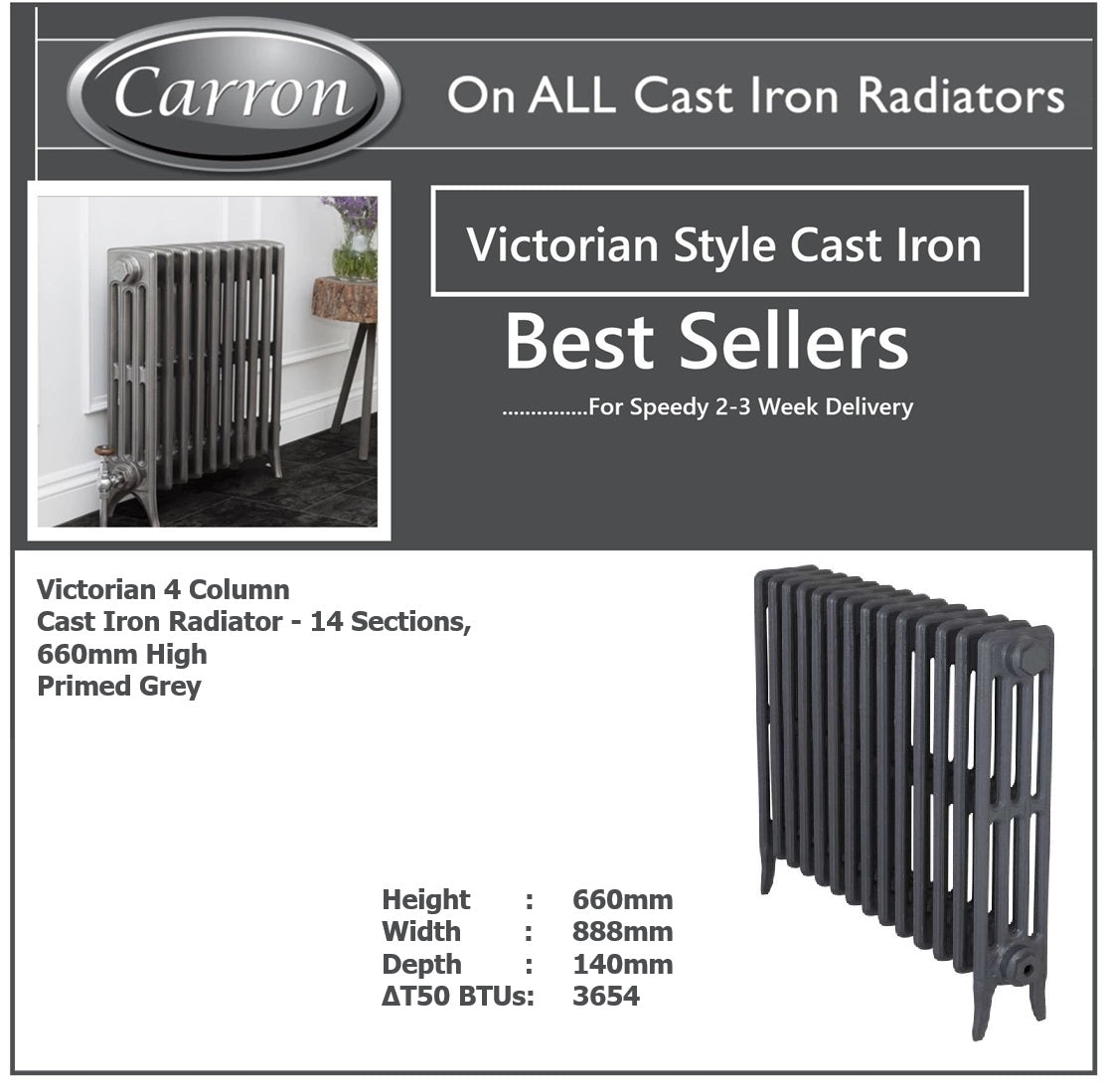 Victorian Cast Iron Radiator–4 Column 14 Section,660 High ,W1078 by D140mm(Primed Grey)