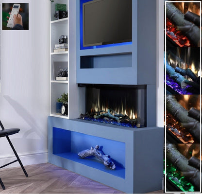 C&J iRange i920e Slimline Multi-Sided Electric Fire with REAL CHOPPED WOOD LOGS