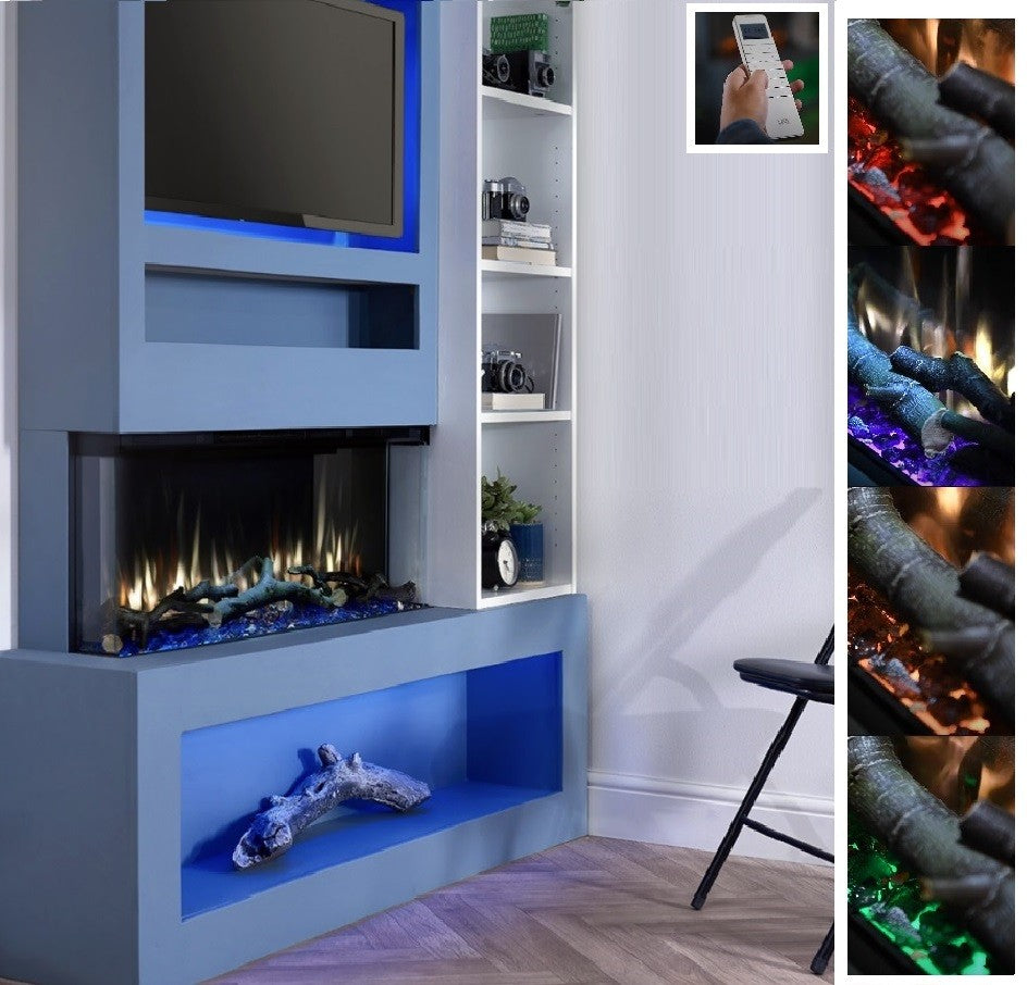 C&J iRange i920e Slimline Multi-Sided Electric Fire with REAL CHOPPED WOOD LOGS