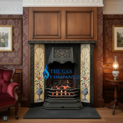 A 16" gas coal fireplace with a black cast iron grate and a decorative floral tile surround, set in an ornate vintage room with wood paneling, patterned wallpaper, and a red armchair.