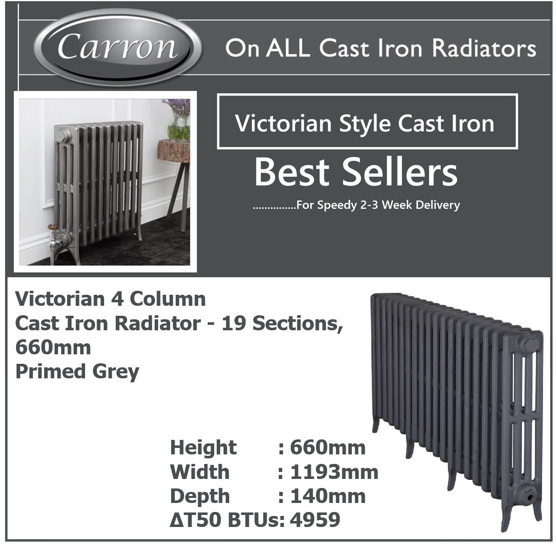 Victorian Cast Iron Radiator–4 Column 19 Section,660 High by W1579 by D140mm, (Primed Grey)