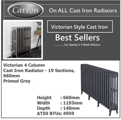 Victorian Cast Iron Radiator–4 Column 19 Section,660 High by W1579 by D140mm, (Primed Grey)