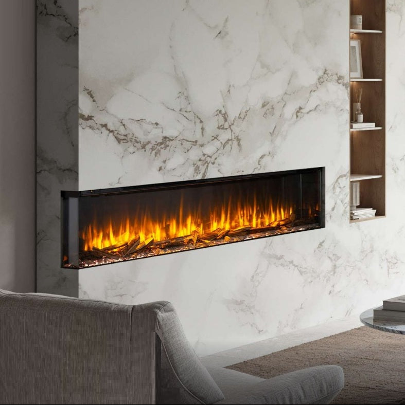 Modern electric fireplace with marble wall and gray sofa and C&J iRange i2000e Slimline Multi-Sided Electric Fire with Real Chopped Coppice Logs