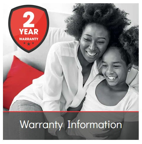 A promotional graphic with a red shield icon reading '2 YEAR WARRANTY' over a black-and-white photo of a woman and child sitting together, with the text 'Warranty Information' across the bottom.