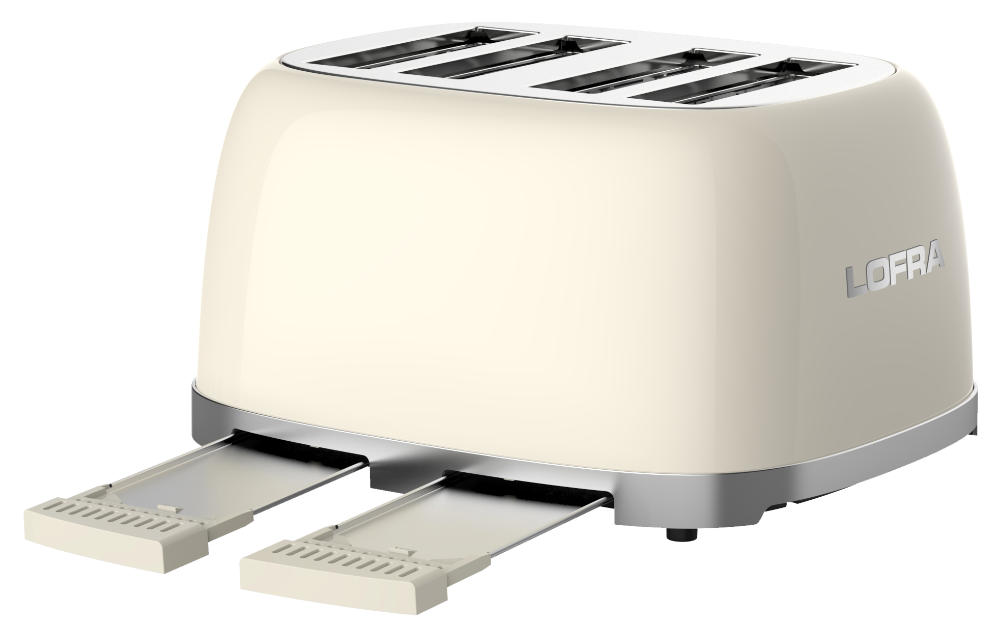 50's Lofra Retro Style 4 Slice Toaster Dolcevita Cream | Side on Image Toaster with crumb trays