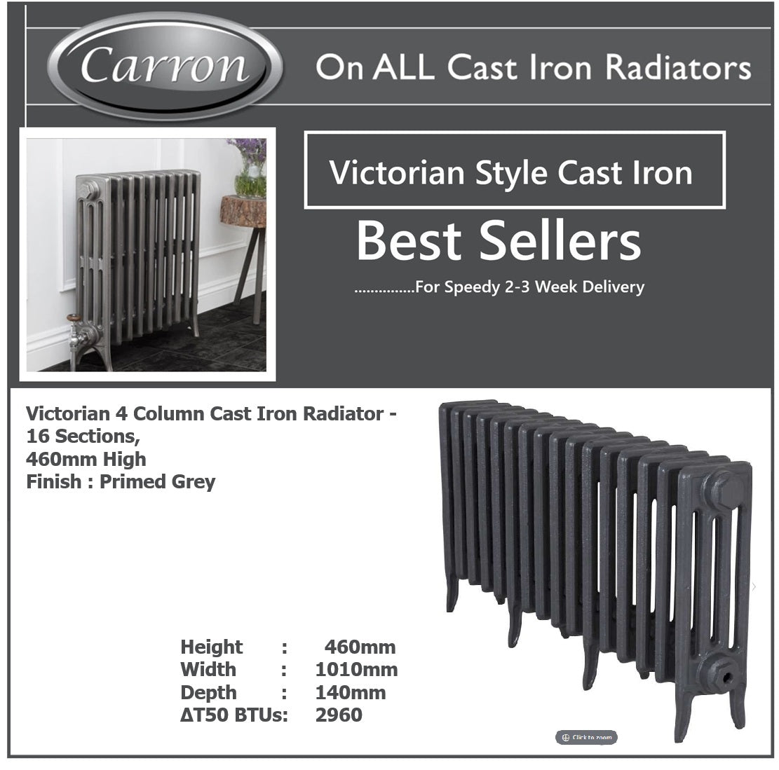 Victorian Cast Iron Radiator–4 Column 16 Section,460 High by W1193 by D140mm, (Primed Grey)