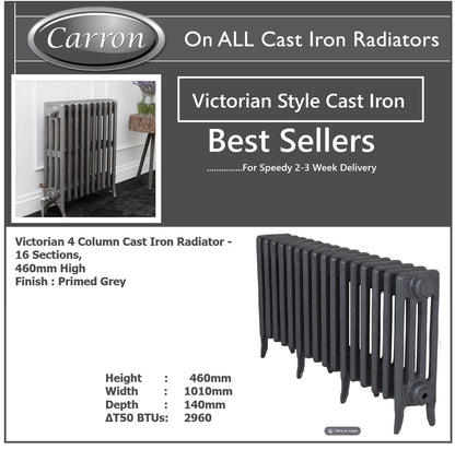 Victorian Cast Iron Radiator–4 Column 16 Section,460 High by W1193 by D140mm, (Primed Grey)