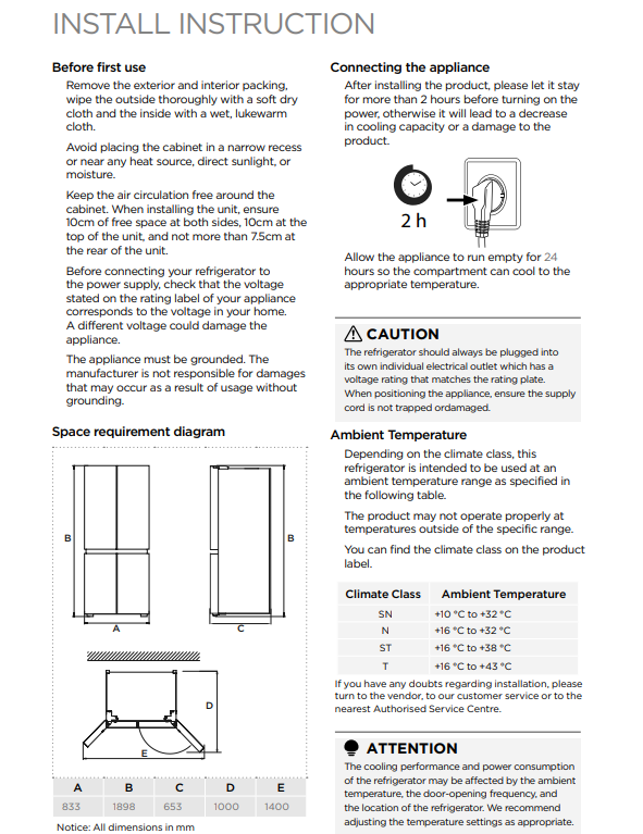 A printed installation instruction sheet with text, diagrams, and temperature tables for a refrigerator. The page includes a 'Space requirement diagram' and a 'Connecting the appliance' section with a 2-hour cooling period note.