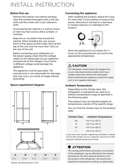 A printed installation instruction sheet with text, diagrams, and temperature tables for a refrigerator. The page includes a 'Space requirement diagram' and a 'Connecting the appliance' section with a 2-hour cooling period note.